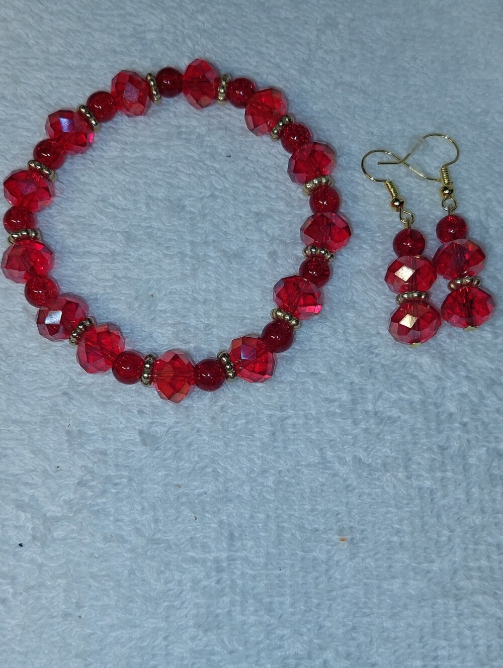 Handmade Red Crystal Beaded Bracelet and Earring Set